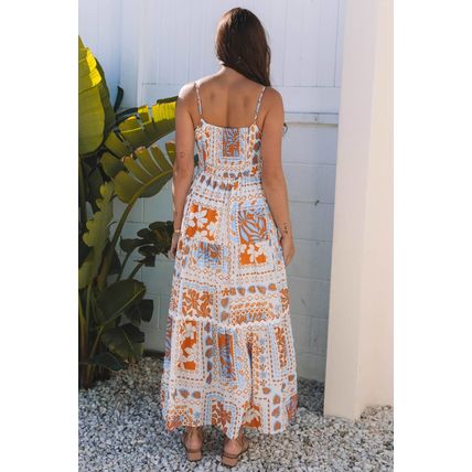 Orange Multi Printed Ricrac Trim Spaghetti Straps Maxi Dress