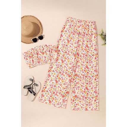 Pink Boho Floral Bandeau Top and High Waist Wide Leg Pants Set