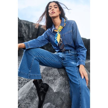 Dark Blue Plain Seam Detail Flared Bottom Ankle Length Jeans