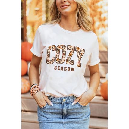 White COZY SEASON Floral Cracking Letter Graphic Tee