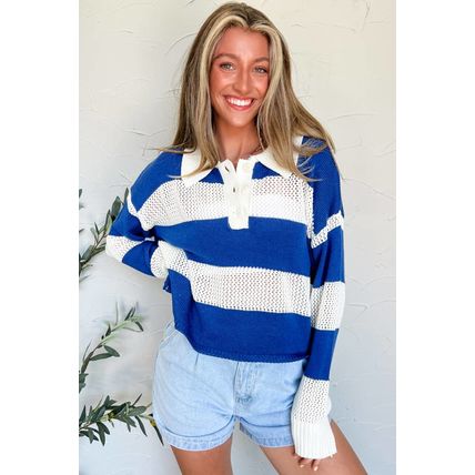 Blue Stripe Colorblock Polo Collar Eyelet Crochet Knitted Sweater