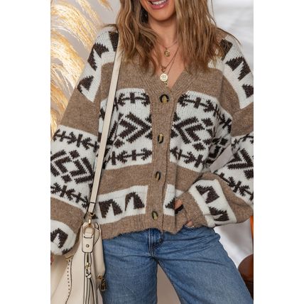 Dark Khaki Ethnic Geometric Pattern Button Front V Neck Sweater Cardigan