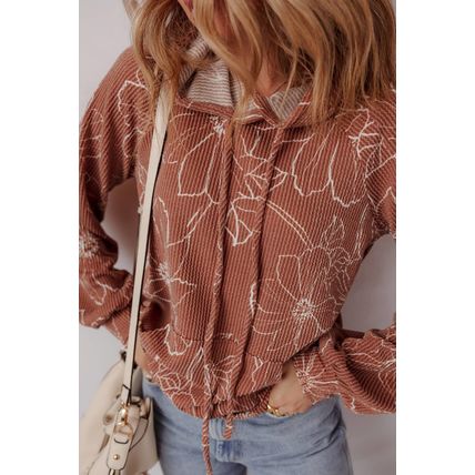 Brown Floral Twisted Rib Drawstring Kangaroo Pocket Hoodie