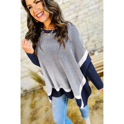 Blue Stripe Color Block Patchwork Dolman Oversize Tunic Sweater
