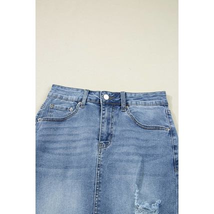 Myosotis Irregular Distressed Bottom Denim Midi Skirt