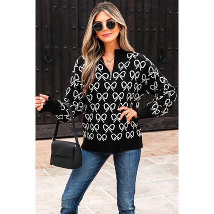 Black Cute Bow Pattern Drop Shoulder Zipped Collar Sweater