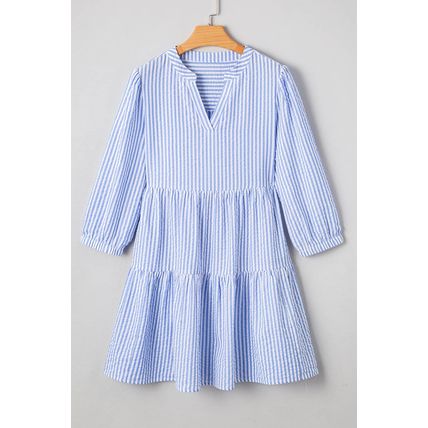 Sky Blue Stripe Bracelet Sleeve Tiered Shift Dress with Pockets