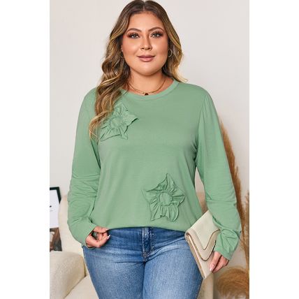 Grass Green Flower Applique Mineral Wash Plus Size Top
