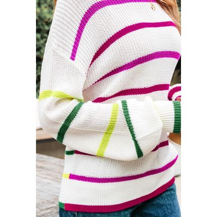 White Colorful Striped Drop Shoulder Crew Neck Sweater