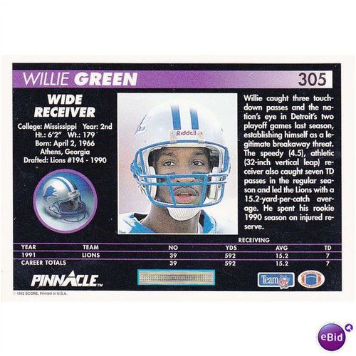 Pinnacle Score NFL 1992 Willie Green Lions Card No. 305 (TT121)