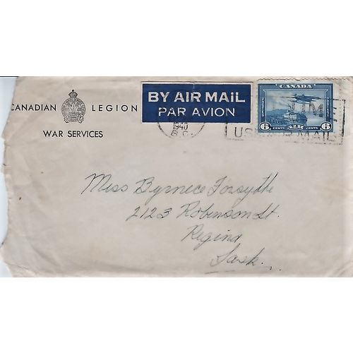 Canada, 1938 6c Air stamp on cover from Canadian Legion to Regina.