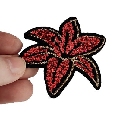 Iron On Flower Patch Sew Patches Sequin Glitter Lilly Red Gold 7cm x 6cm P447