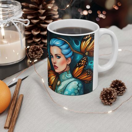 December Blue Topaz Birth Month Colors Fairies & Butterflies #2 Mug 11oz AI Deco