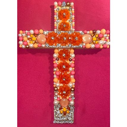 Wood Wall Artisanal Cross with Repurposed Jewelry