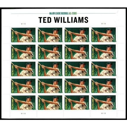 Ted Williams Red Sox Baseball Player Sheet of 20 Current Rate Stamps Scott 4694