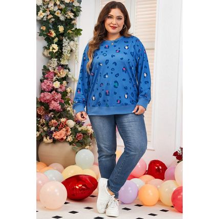 Sky Blue Leopard Ribbed Edge Drop Shoulder Pullover Sweatshirt