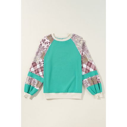 Aruba Blue Plaid Vintage Paisley Patchwork Long Sleeve Raglan Top