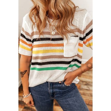 White Striped Pocketed Loose Fit Crewneck Knitted T Shirt