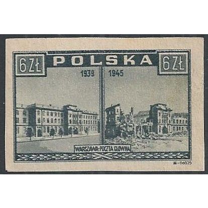 Mi 417: 6 Zl. grey-black 'Warsaw 1939-45,' thin white paper.