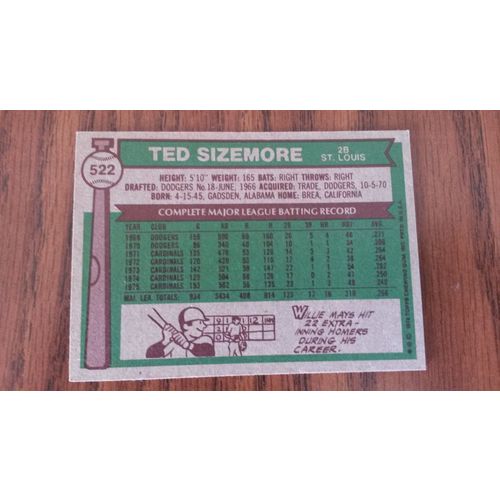 1976 Topps Card # 522 Ted Sizemore Very Good-Excellent (4) St Louis Cardinals