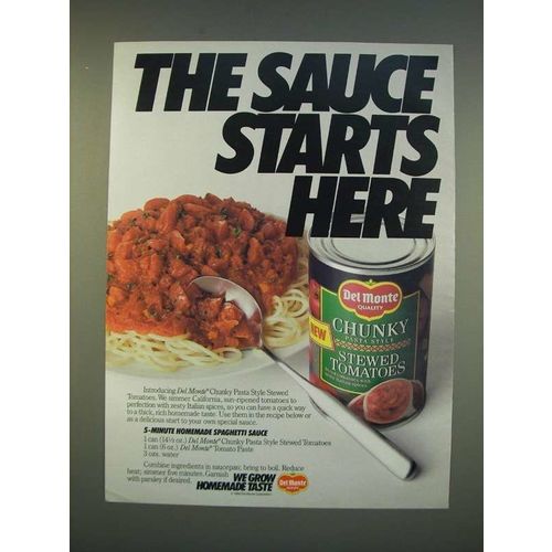 1990 Del Monte Chunky Stewed Tomatoes Ad - 5-minute homemade spaghetti sauce