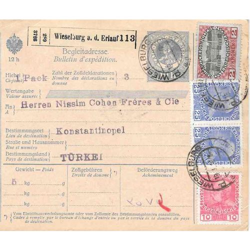Austria 1916 REGISTRATION CARD uprated Wieselburg to Constantinople Turkey