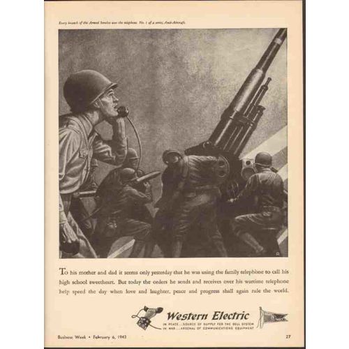 WESTERN ELECTRIC 1943 Anti-Aircraft telephone service WW2 vintage ad