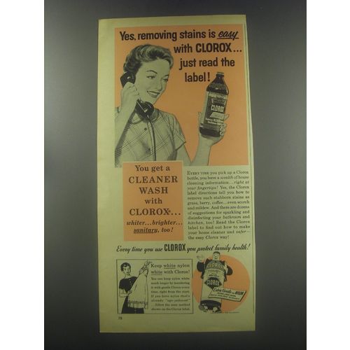 1957 Clorox Bleach Ad - Yes, removing stains is easy with Clorox