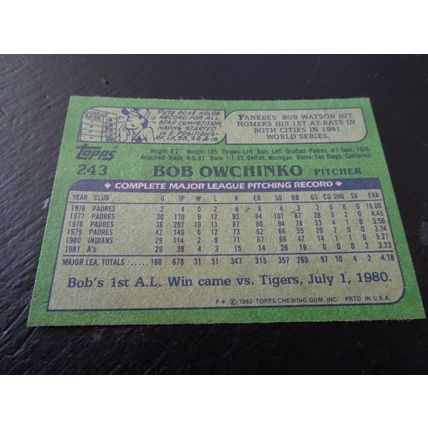 1982 Topps Card # 243 Bob Owchinko Near Mint (7) Oakland Athletics