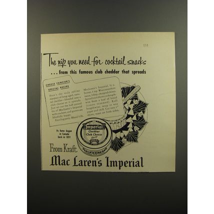 1953 Kraft Mac Laren's Imperial Cheddar Club Cheese Advertisement