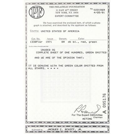 1338Fp, MNH 8¢ Green Slate Color Omitted Major Error With PFC Cert - Stuart Katz