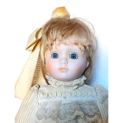 A PORCELAIN DOLL - SALLY - BLONDE HAIR - COTTON DRESS - 41 cm tall VERY GOOD