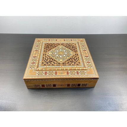 Wooden Mosaic Jewelry Box, Vintage Handmade Square Trinket, Inlaid with Mother o