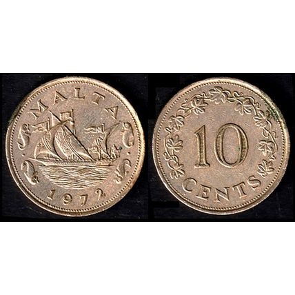 Malta Ten Cents 1972 Barge and Dolphins Used. 10c Coin QE II