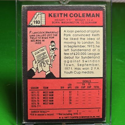 TOPPS FOOTBALL 1977 #193 KEITH COLEMAN WEST HAM UNITED