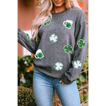 Gray Sequined Clover St Patrick Graphic Corded Sweatshirt
