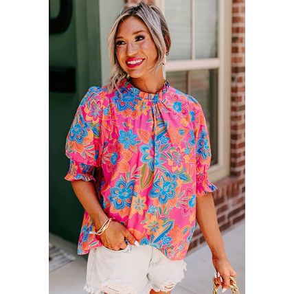 Rose Frilly Mock Neck Short Puff Sleeve Floral Blouse