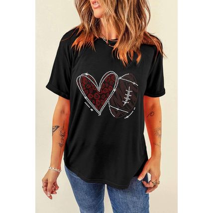 Black Rhinestone Rugby Heart Shape Graphic Crewneck T Shirt
