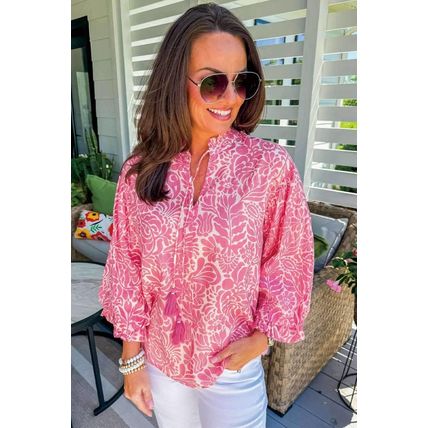 Pink Plus Size Floral Print Frilled Neck Puff Sleeve Top
