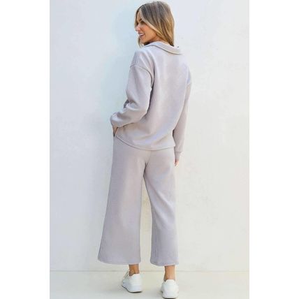 Light Grey Solid Textured Collared V Neck Top and Wide Leg Pants Set