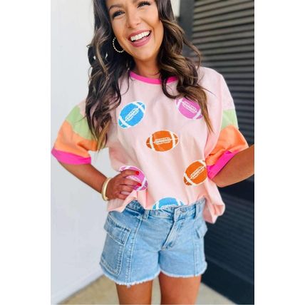 Pink Rugby Chenille Embroidered Color Block Half Sleeve T Shirt