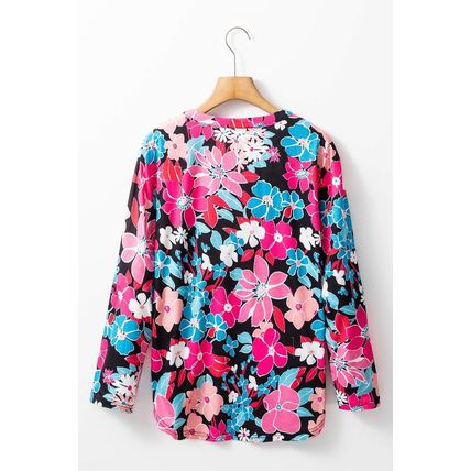 Pink Floral V Neck Roll Tab Sleeve Blouse