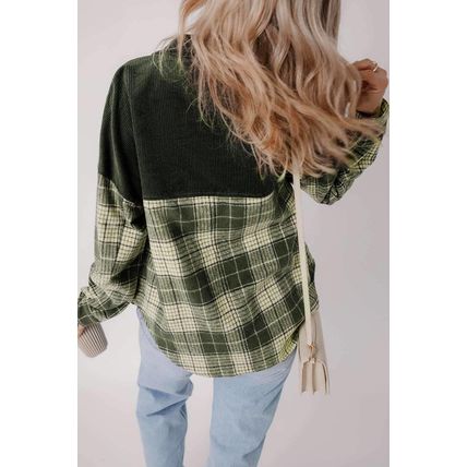 Blackish Green Snap Buttons Colorblock Plaid Shacket