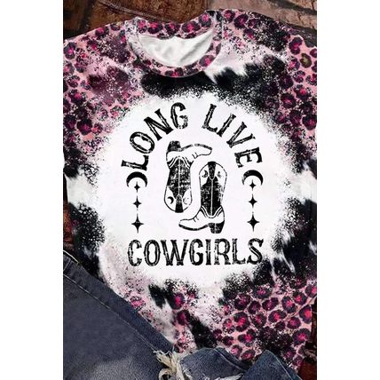 Pink Cowgirls Boots Leopard Bleached Crew Neck T Shirt