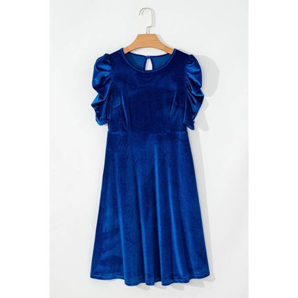 Sail Blue Velvet Ruched Short Sleeve Pocketed Mini Dress