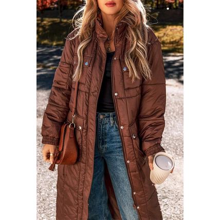 Coffee Quilted Puffer Stand Neck Zipped Mid-length Coat