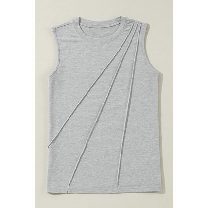 Gray Crew Neck Pleated Tank Top