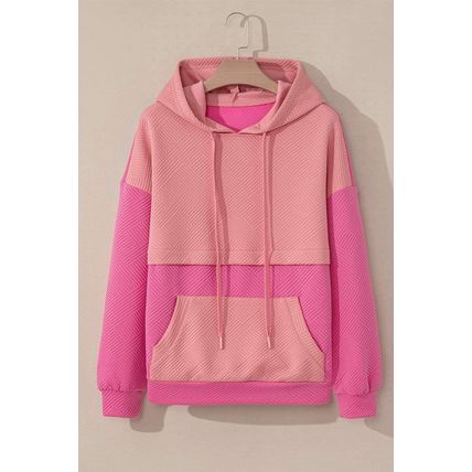 Pink Textured Color Block Kangaroo Pocket Drop Shoulder Hoodie