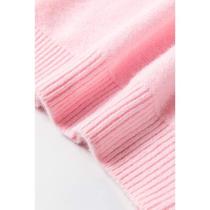 Pink Knitted Flower Pattern Ribbed Edge Sweater