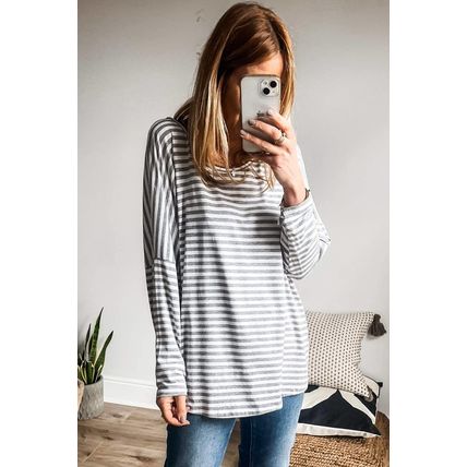 Gray Stripe Drop Sleeve Round Neck Oversized Long Sleeve Top